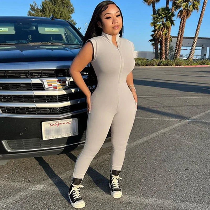 Women's Sleeveless Zipper Neck Sexy Bodycon Jumpsuit One Piece Stylish Summer Streetwear Party Gym Romper Overalls