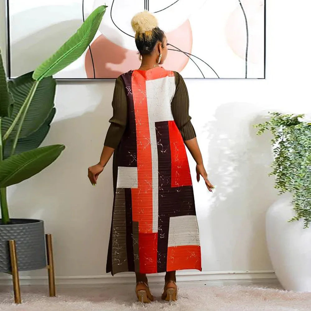 Leaf Print Pleated Boho Maxi Dress for Women Casual Beach