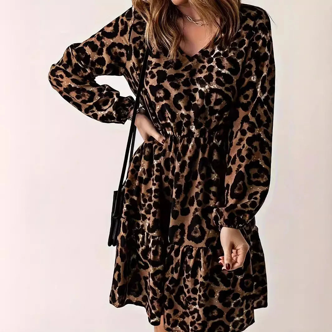 Leopard Print Long Sleeve Dress with V Neck Knee Length