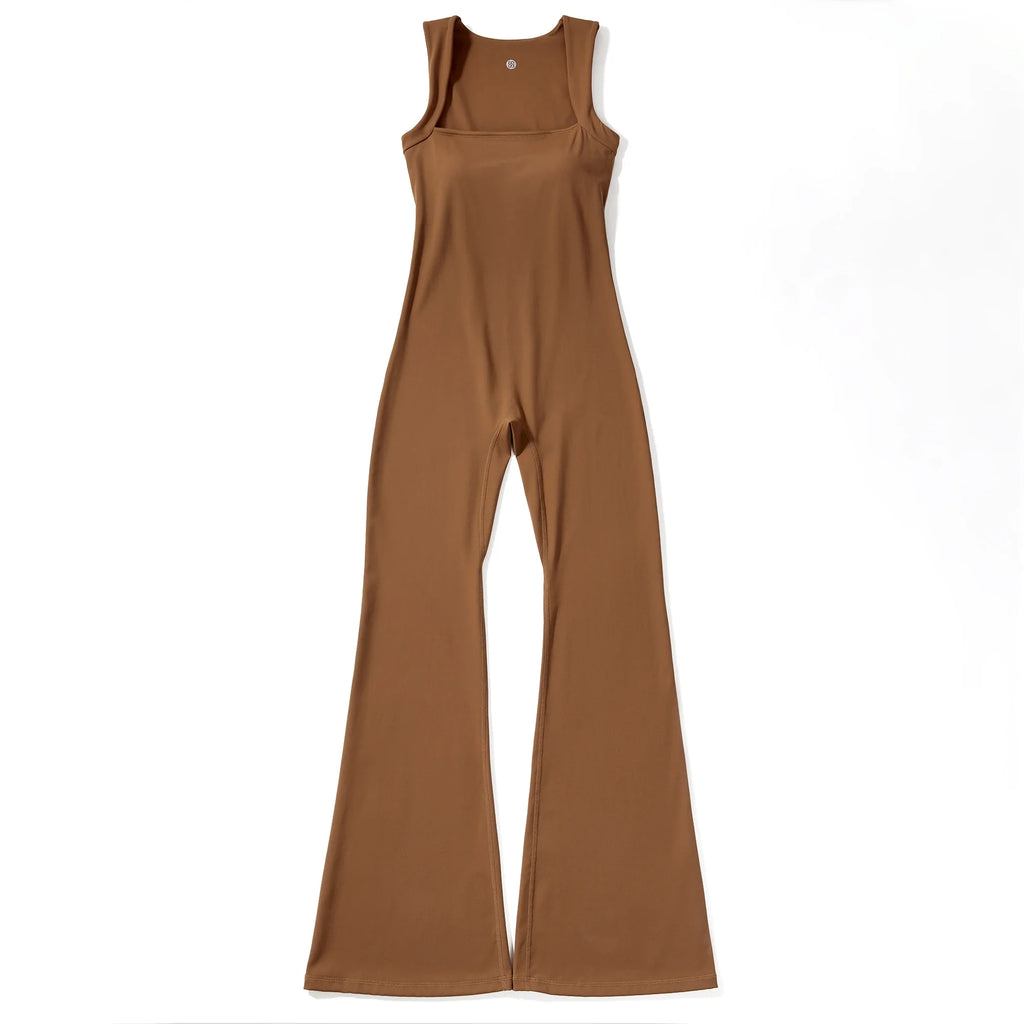 Women's Sleeveless Square Neck Bodysuit with Flared Pants Casual Fitness Jumpsuit Full Season Streetwear Playsuit