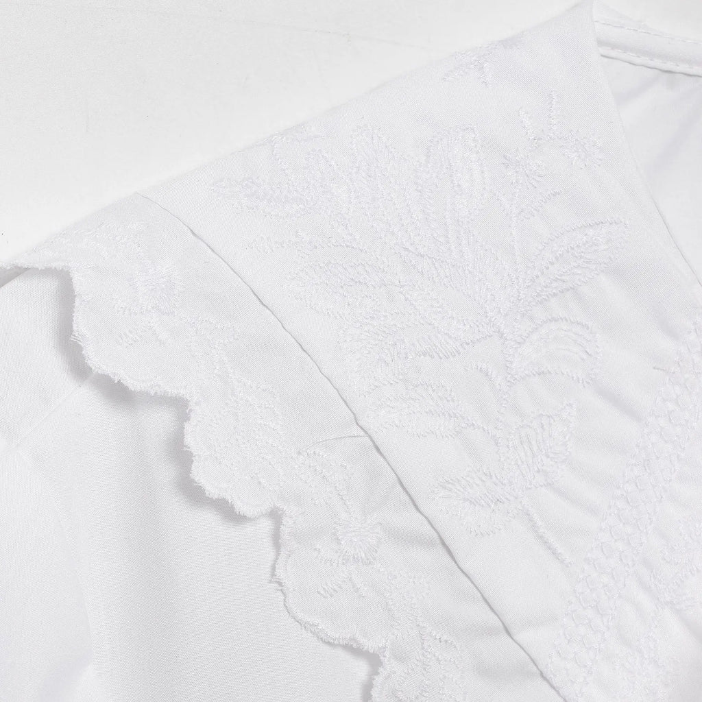 Women's Embroidered Lace-Up Poplin Shirt with Peter Pan Collar Puff Sleeves Loose Hem Casual Chic Top for Spring and Summer