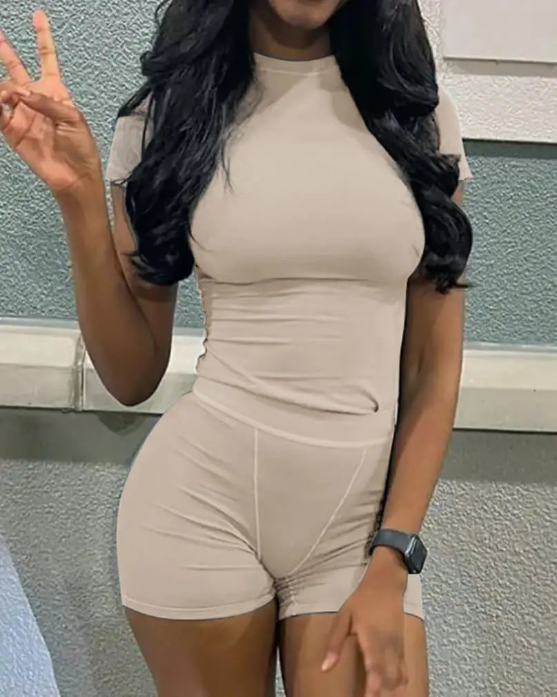 Casual Workout Two Piece Set for Women Fitted Crew Neck T-Shirt with High Waist Pants Matching Streetwear Outfit