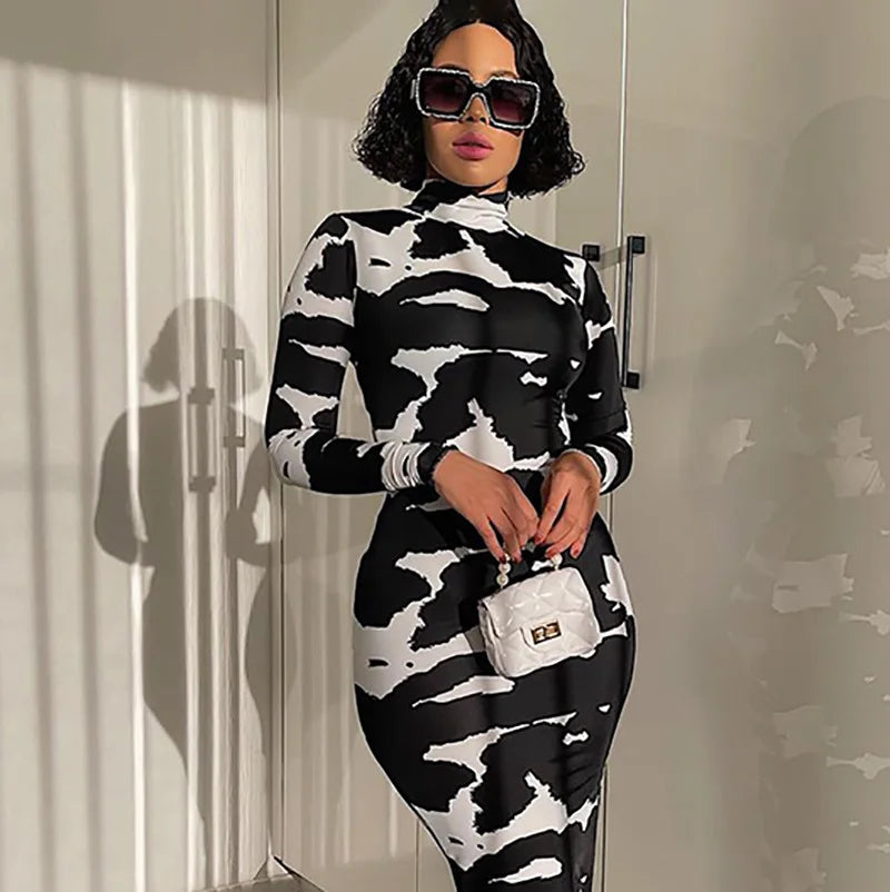 Cow Print Maxi Dress Long Sleeve Turtleneck Bodycon Party