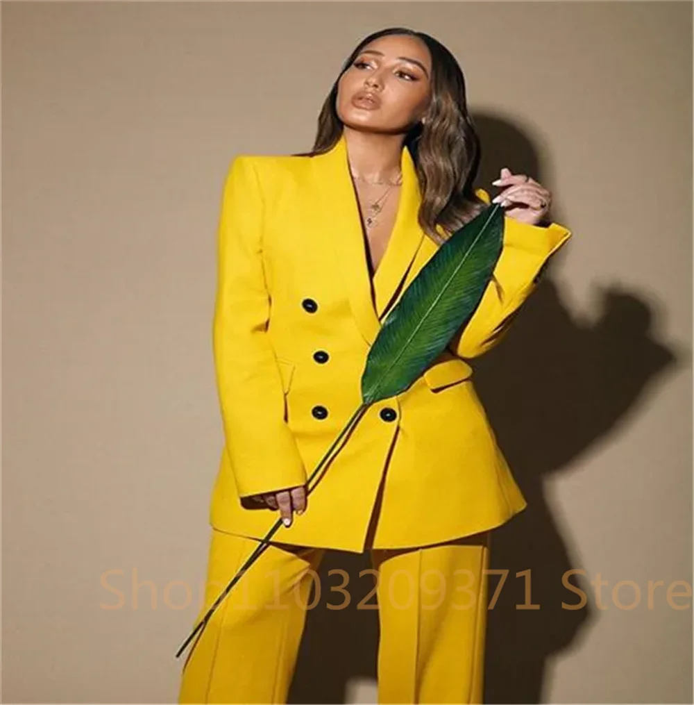Plus Size Yellow Pantsuit for Women Double Breasted Blazer