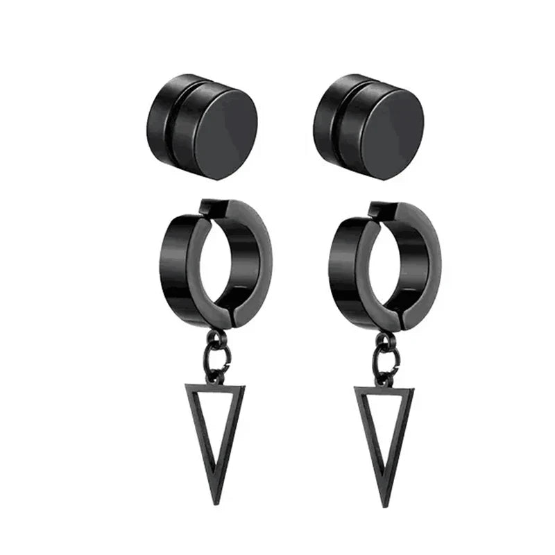 Men's Punk Cross Pendant Stainless Steel Magnetic Earrings Set - 5 Pairs Fashionable Earless Design