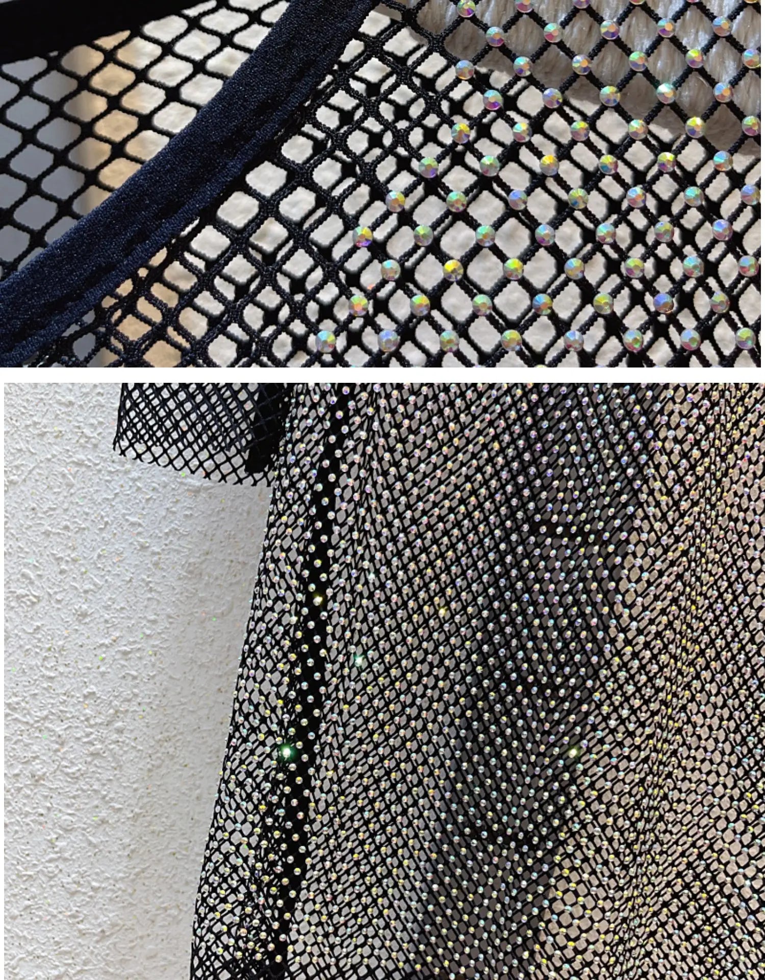 See Through Rhinestone Dress Round Neck Long Sleeve