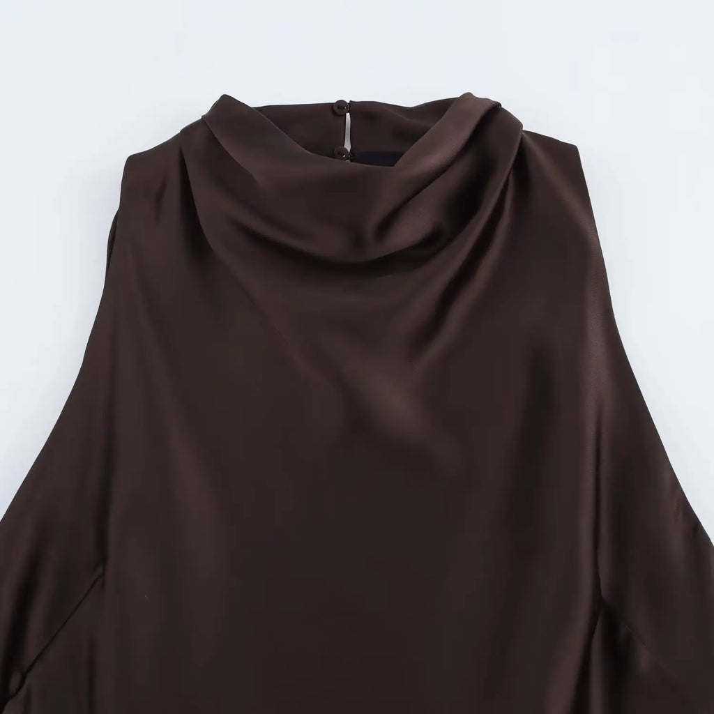 Elegant Satin Belt Midi Dress For Women Vintage Brown