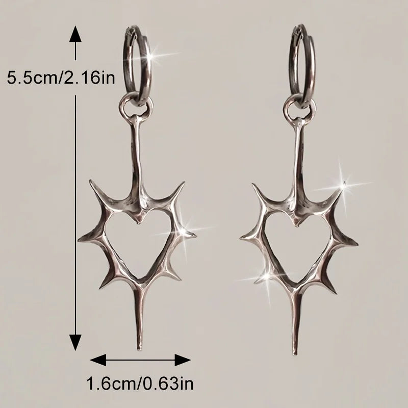 Retro Gothic Thorn Heart Design Earrings with Spikes - Unique Heart-Shaped Earrings for Holiday Parties and Gifts