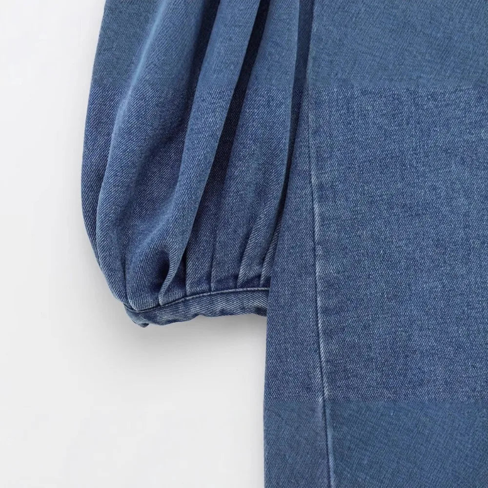 Women's Denim Cropped Shirt with Vintage Loose Lapel Puff Sleeves Single-Breasted Solid Color Blouse Chic Spring Summer Top