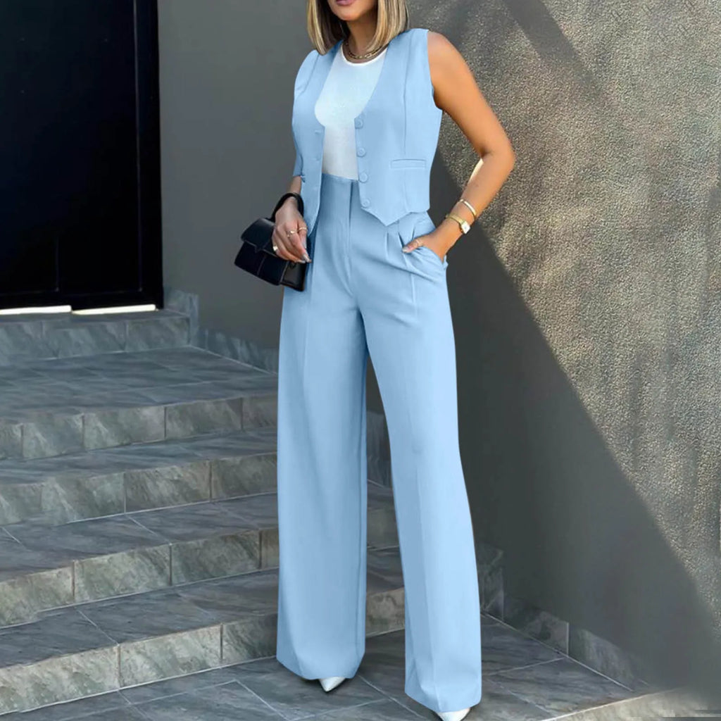 Sleeveless V-Neck Vest and Wide Leg Pants Suit for Women