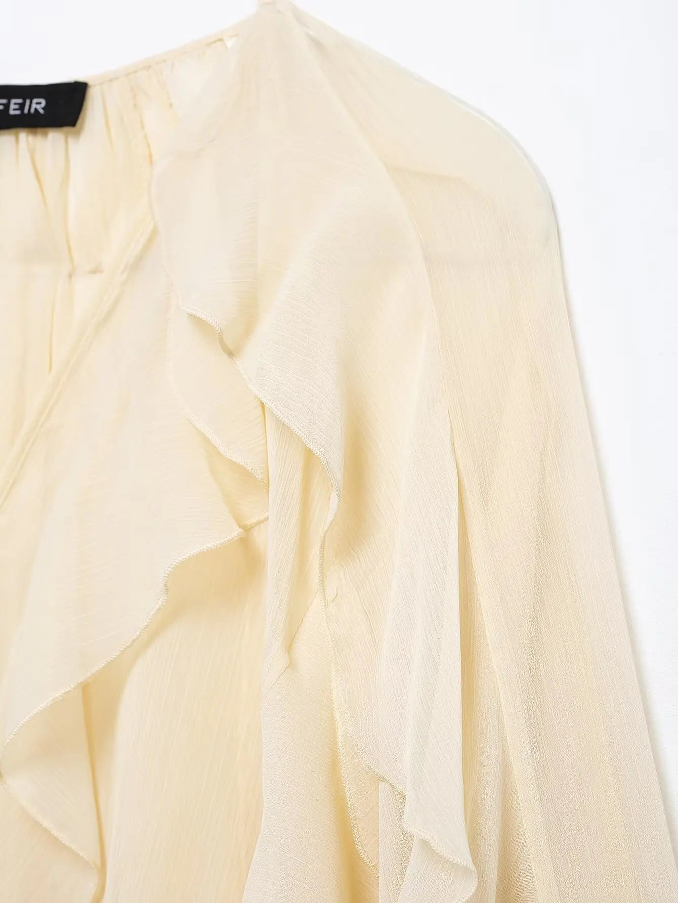 Semi-Sheer Ruffle V-Neck Blouse for Women Long Sleeve Button-Up Lightweight Spring Summer Top