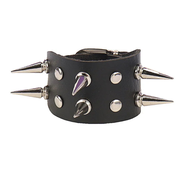 90s Fashion Punk Style Spiked PU Leather Bracelet with Square Studs and Multi-Row Design