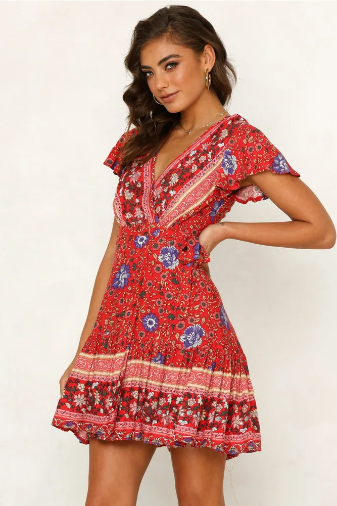 Bohemian Printed Dress With V Neck Lace Up Short Skirt