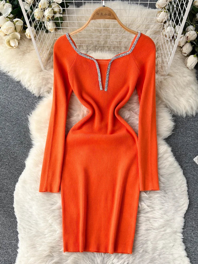 Knit Bodycon Dress For Women Long Sleeve Winter Sweater