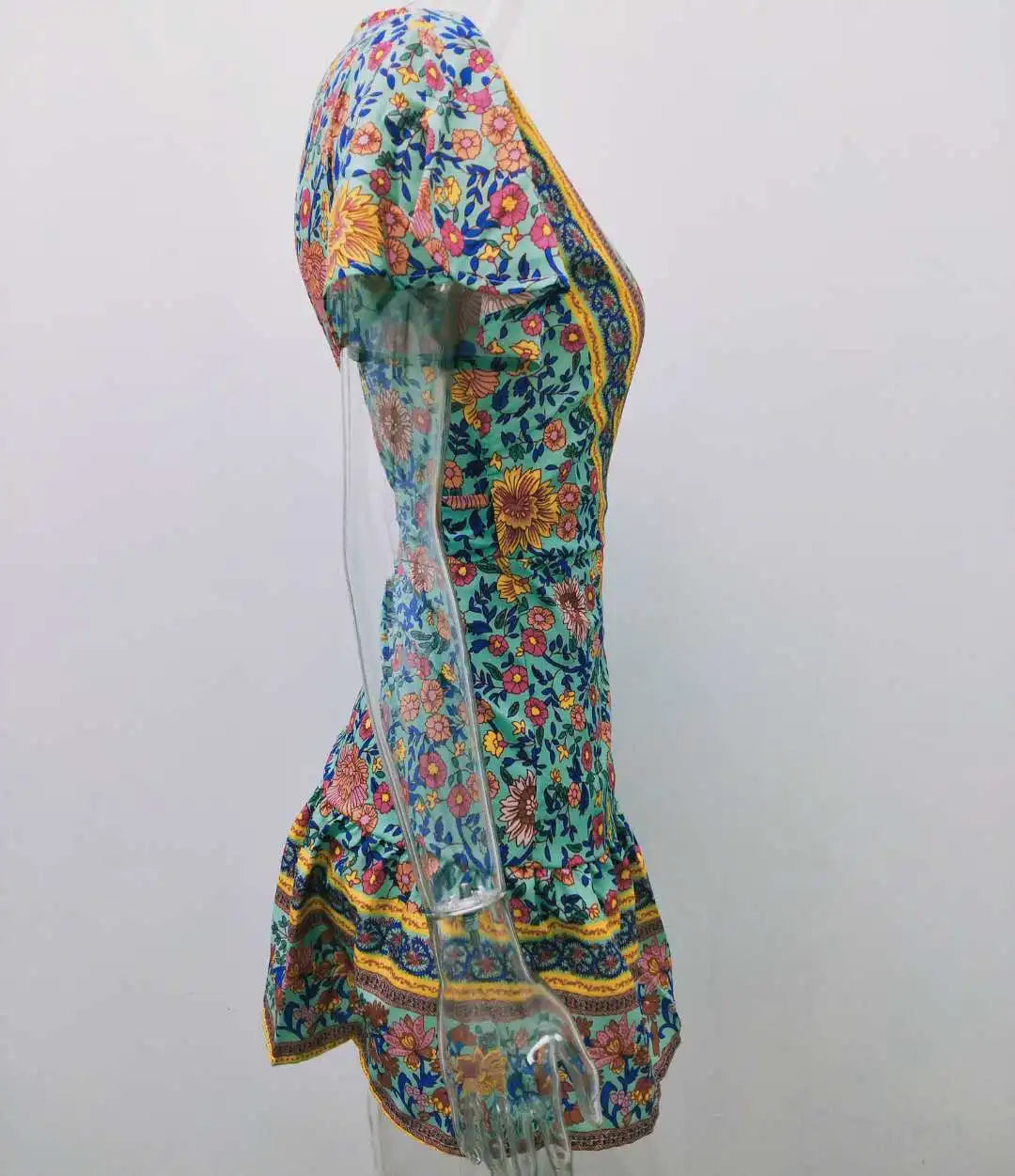 Bohemian Printed Dress With V Neck Lace Up Short Skirt