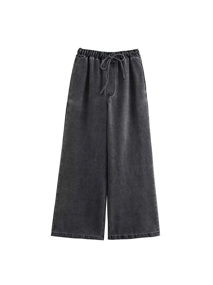 Autumn Denim Two Piece Set with Elastic Waist Wide Leg Pants and Polo Collar Long Sleeve Top for Casual Style