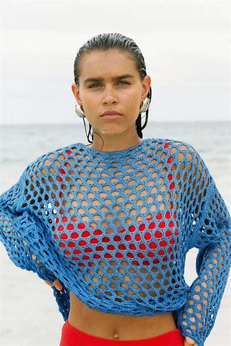 Knit Hollow Out Beach Cover Up Dress See Through For Women