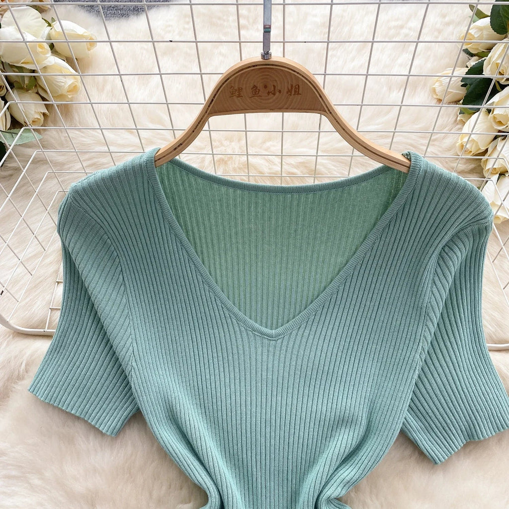 Summer Knit Bodycon Solid Dress for Women Short Sleeve Maxi