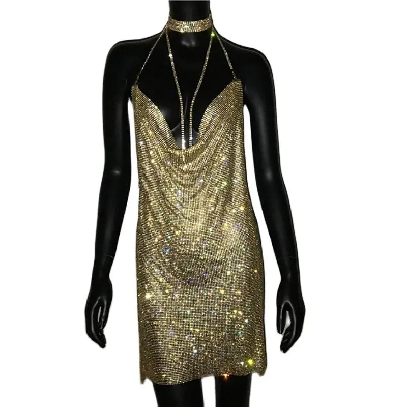 Sequin Rhinestone Backless Mini Dress For Nightclub Party
