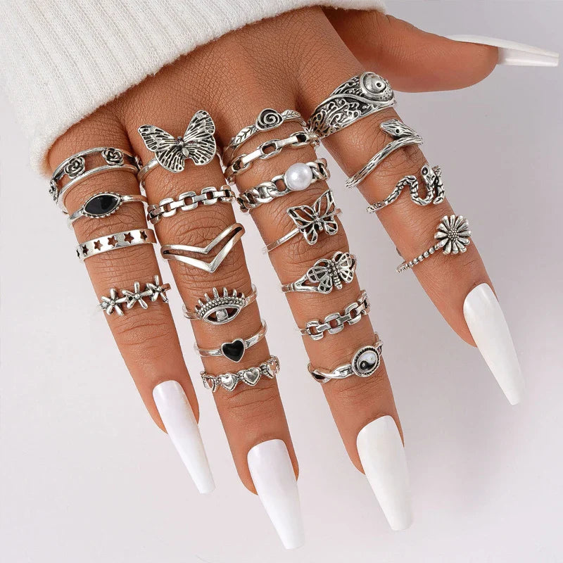 21 Pcs Gothic Rings Set for Women Trendy Punk Snake Butterfly Evil Eye Jewelry Gifts