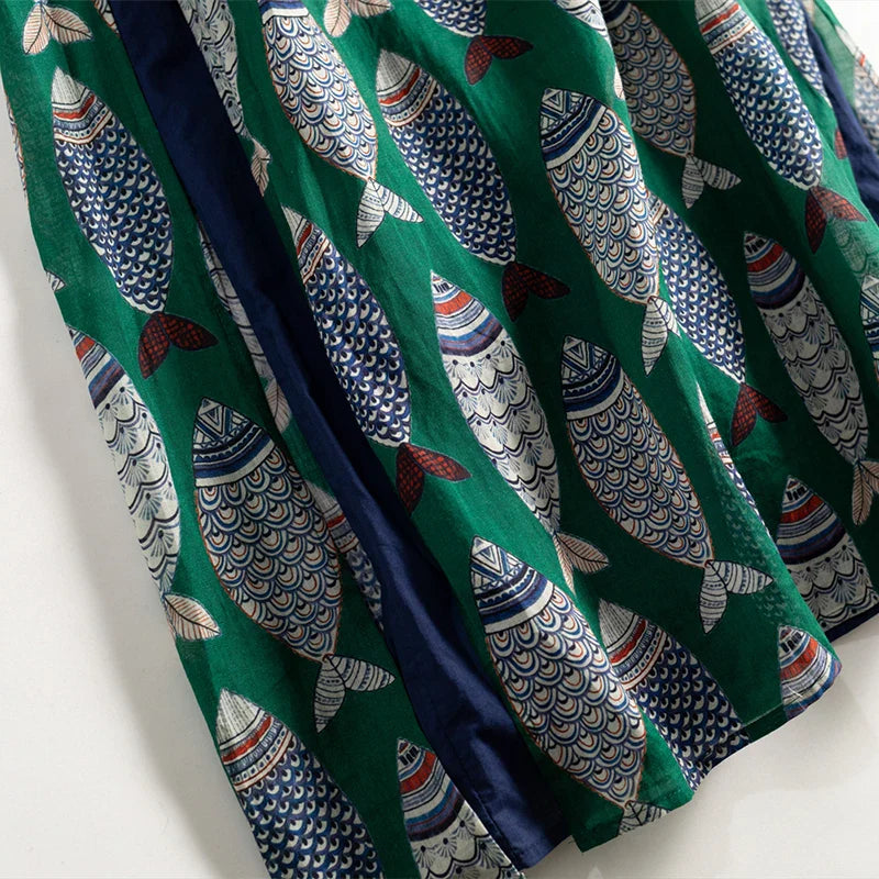 Fish Plaid Print Cotton Linen Dress O Neck Sleeveless A Line