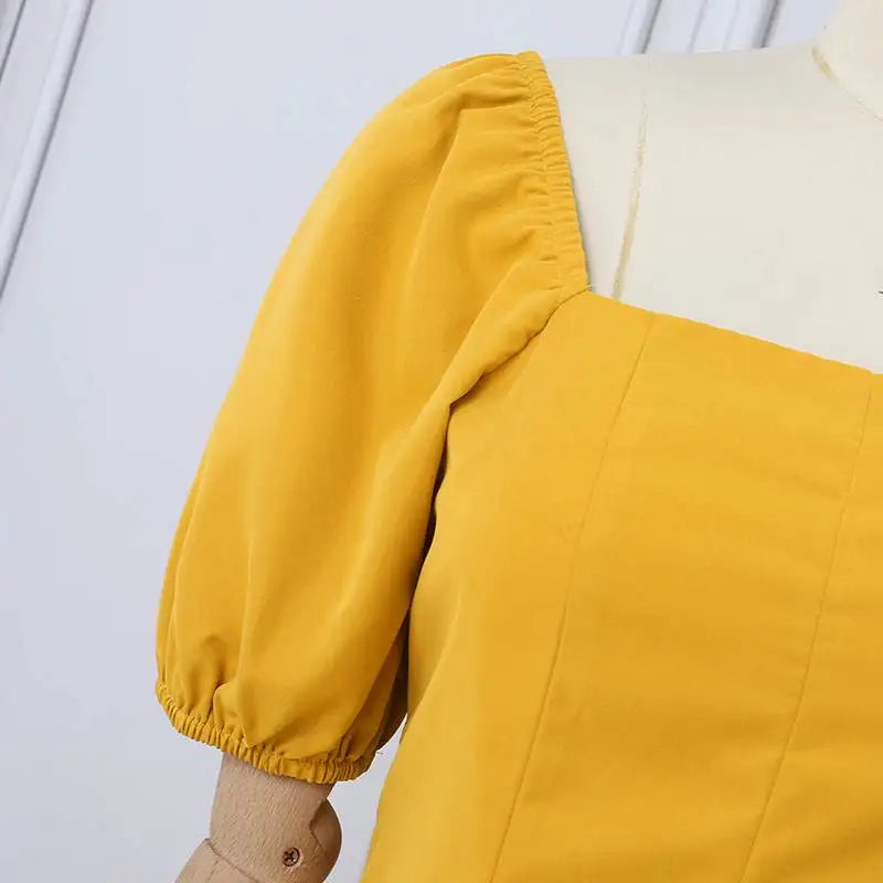Korean Elegant Puff Sleeve A Line Dress Square Neckline