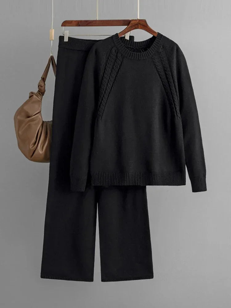 Cozy Autumn Winter Knitted Two Piece Set For Women Loose Sweater And Wide Leg Pants Casual Solid Color Outfit