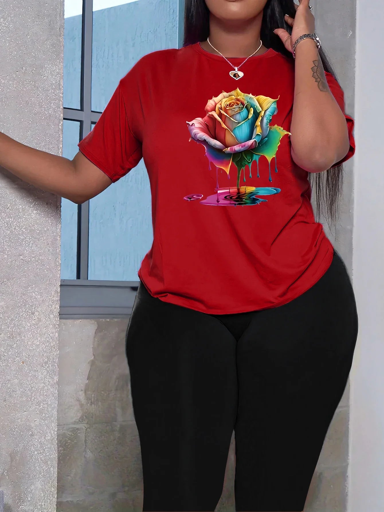 Colorful Floral Print Women Two Piece Set with Short Sleeve T-Shirt and Comfortable Elastic Capri Leggings