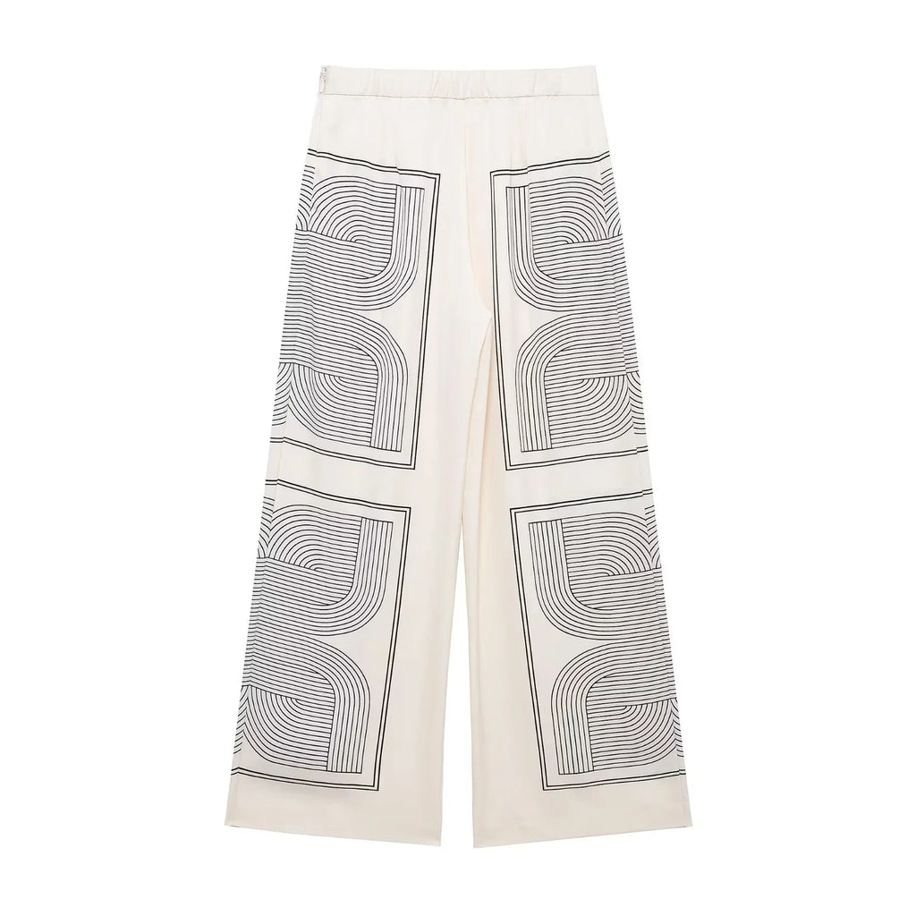 Stylish Women's Suit Set with Long Sleeve Shirt and Wide Leg Pants in Creamy Base and Geometric Patterns