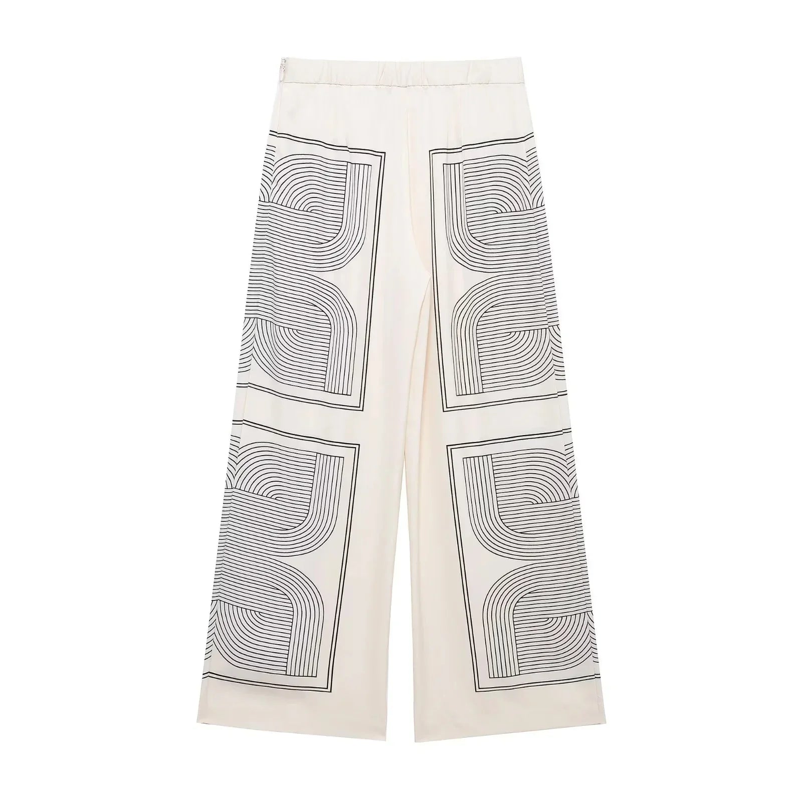 Stylish Women's Suit Set with Long Sleeve Shirt and Wide Leg Pants in Creamy Base and Geometric Patterns