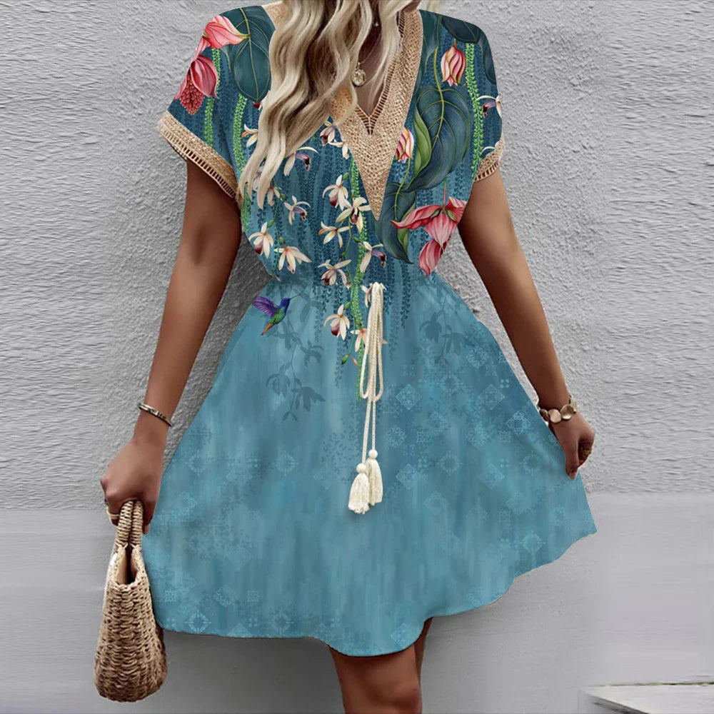 Printed Bat Sleeve Lace V Neck Wrap Midi Dress For Spring