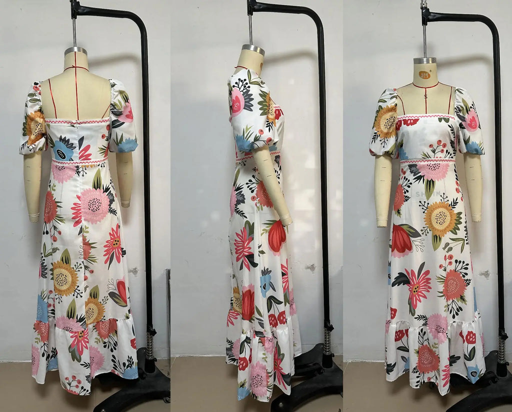 Bohemian Printed Lantern Sleeve Maxi Dress With Collar