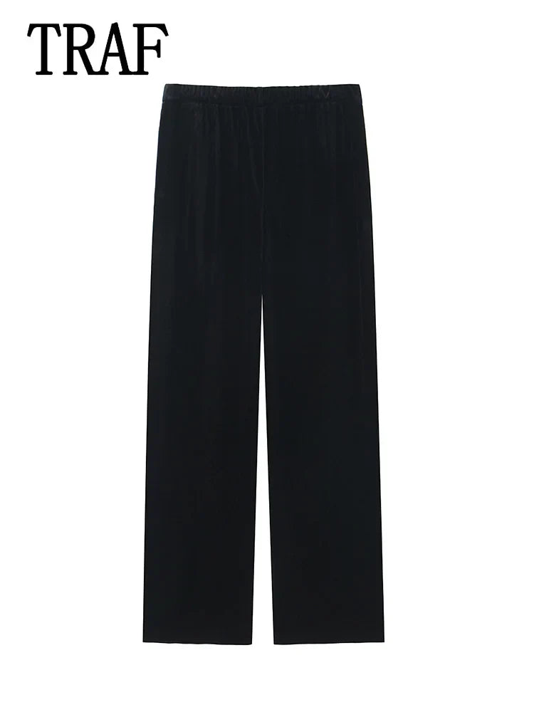 Women's Fashion Velvet Trouser Set with Wide Leg Pants and Long Sleeve Coat Top for Stylish Streetwear Outfit