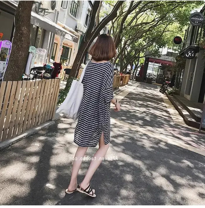 Summer Women's Striped T-Shirt Dress Loose Fit Short Sleeve Casual Tee for Home Wear