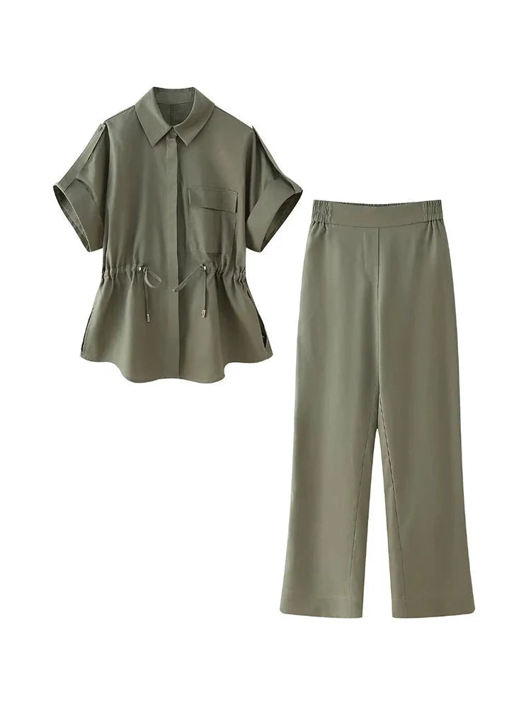 Women's Elegant Short Sleeve Tie Embellished Lapel Shirt and Solid Color Casual Pants Suit for Street Commuter Style
