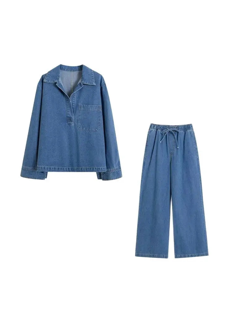 Women's Denim Loose Shirt with Pockets and High Elastic Waist Wide Leg Pants Two Piece Set