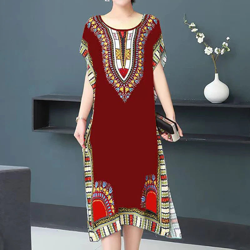 Retro Ethnic Print Batwing Sleeves Dress With High Slit