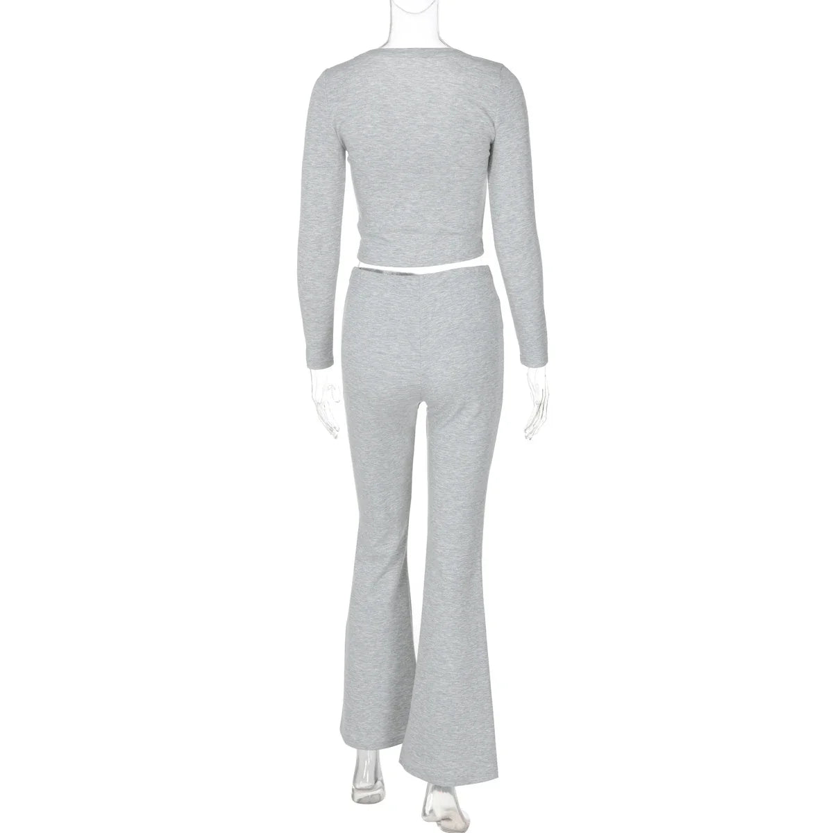 Women's Solid Casual Two Piece Pants Set with O-Neck Long Sleeve Crop Top and Flare Pants for Streetwear in Autumn and Winter
