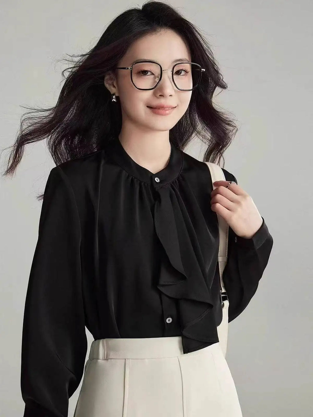 Elegant Scarf Collar Button Up Blouse for Women Long Sleeve Solid Color Temperament Top Spring Autumn Fashion Shirt