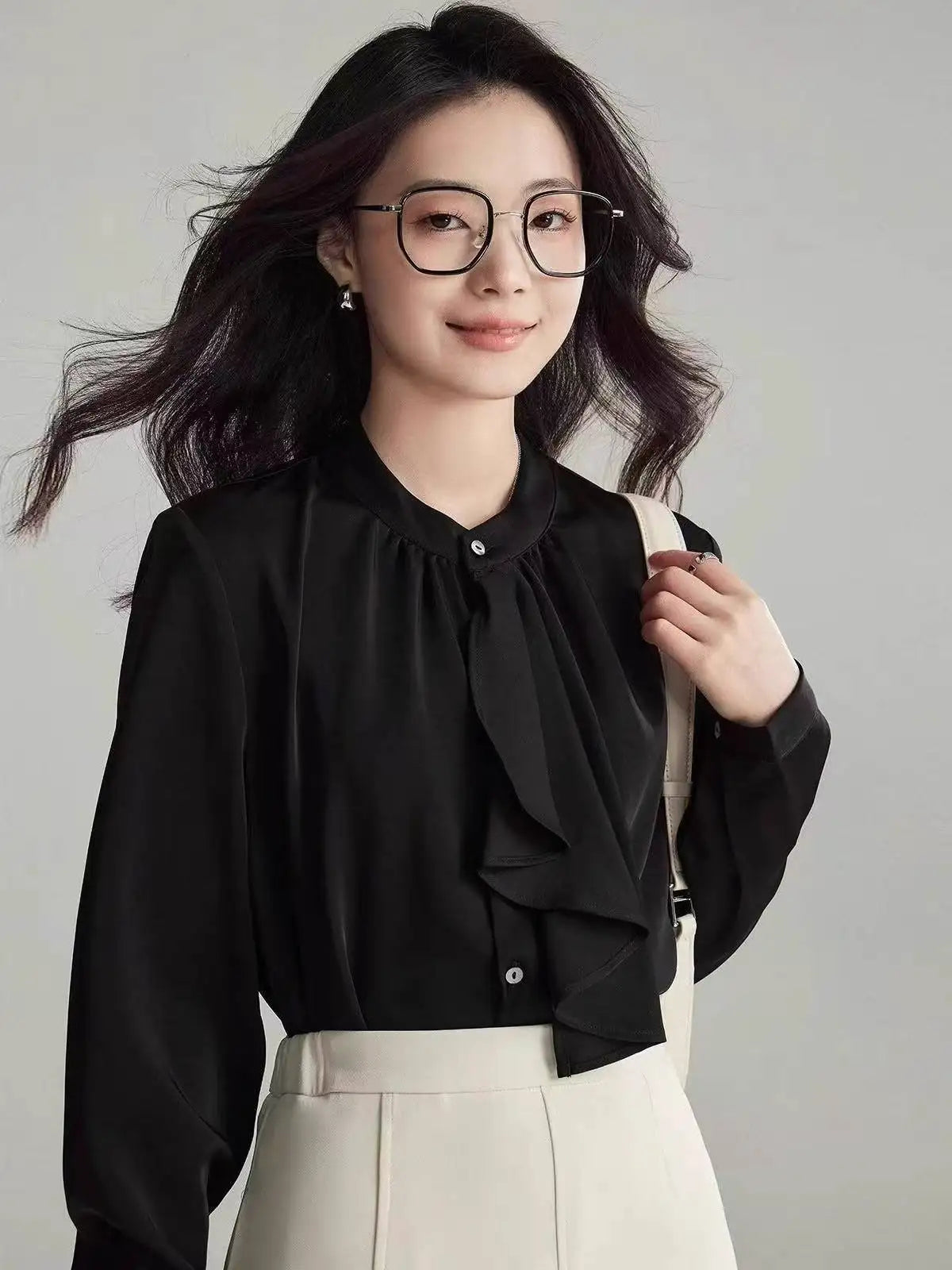 Elegant Scarf Collar Button Up Blouse for Women Long Sleeve Solid Color Temperament Top Spring Autumn Fashion Shirt