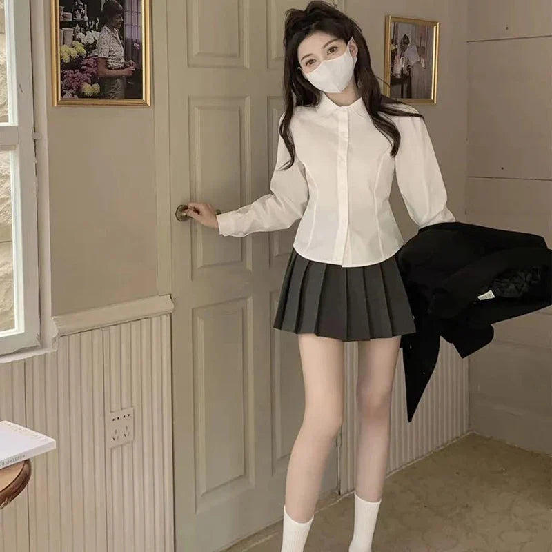 Preppy Long Sleeve White Shirt for Women Korean Chic Button-Up JK Blouse Student Uniform with Fashionable Lace-Up Detail