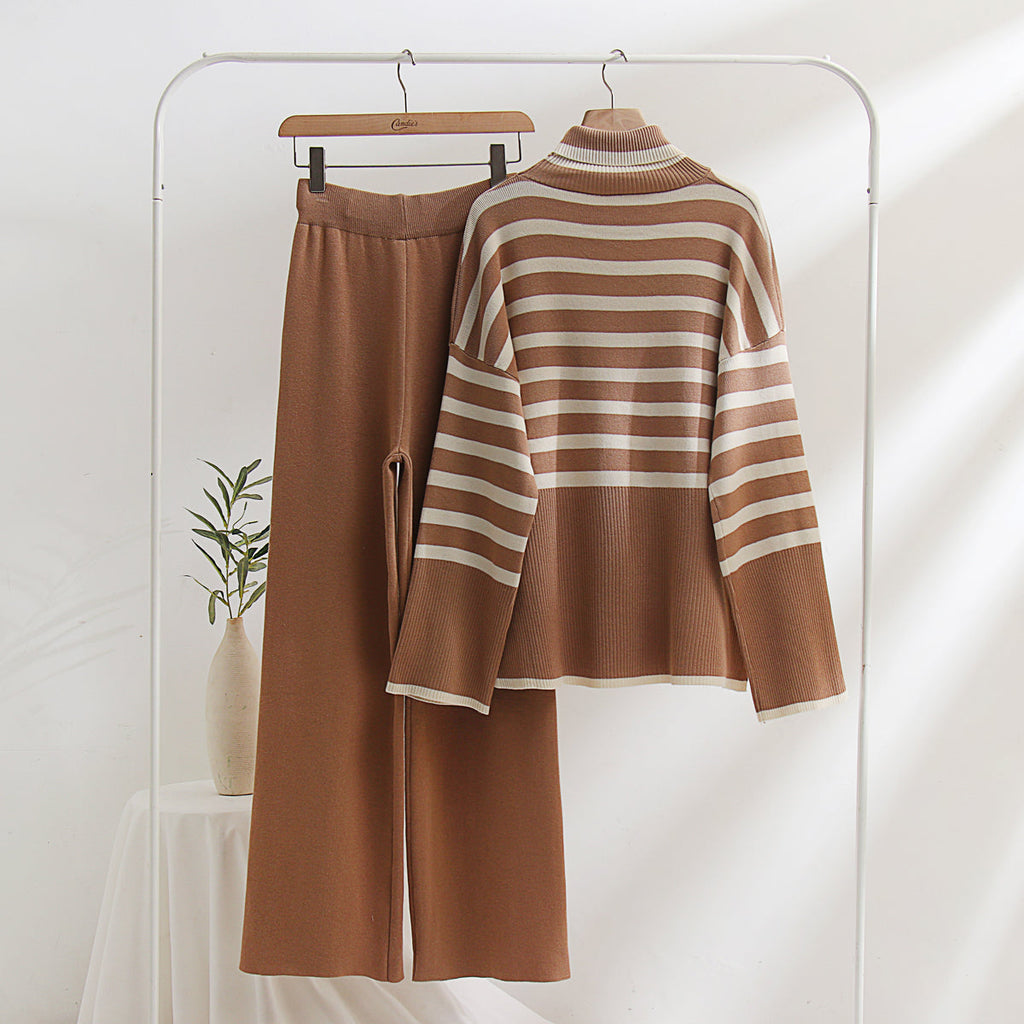 Cozy Winter Oversized Stripe Knit Two-Piece Sweater Set with Warm Turtleneck Pullover and Long Sleeve Casual Autumn Lounge Wear