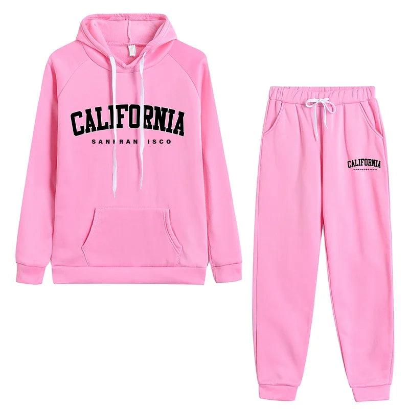 Womens California Letter Printing Hooded Tracksuit Set High Quality Casual Jogging Sweatshirt and Pants