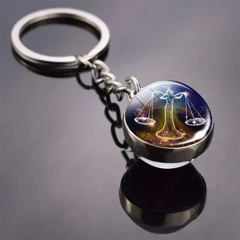 Luminous Zodiac Key Chain Double Sided Glass Ball Pendant for Men and Women Birthday Gift