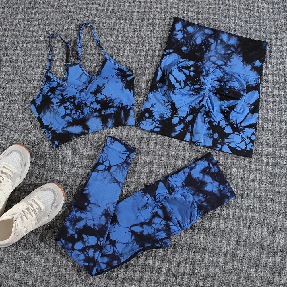 1/2/3PCS Tie Dye Seamless Women's High Waist Activewear Sets Stretch Sport Pants and Y2K Print Crop Tops for Running and Autumn Fitness