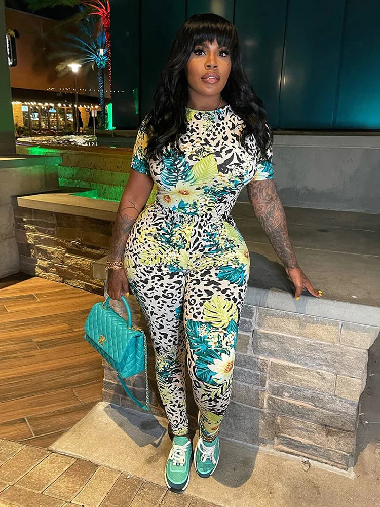 Weird Puss Colorful Print Women's Short Sleeve Skinny Jumpsuit Soft Stretch O-Neck Casual Summer Fitness Street Overalls