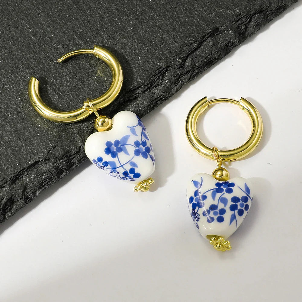Blue and White Porcelain Teapot Pendant Earrings Vintage Ceramic Heart Ball Dangle Earrings with Pearl Accents