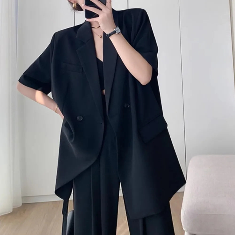 Short Sleeve Wide Leg Pants Blazer Suit Set for Women Summer Business Casual Attire
