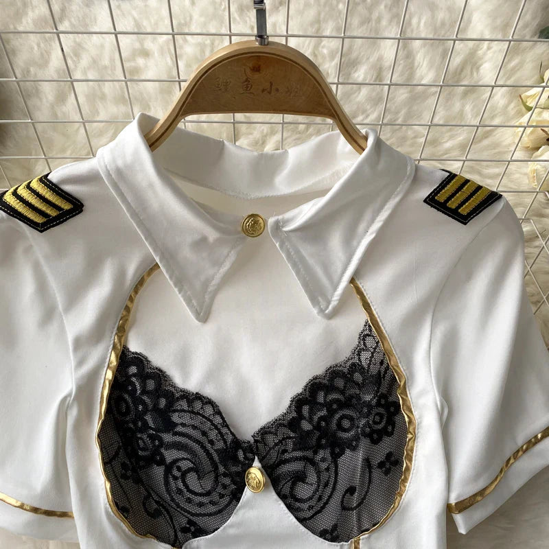 Women Sexy Lace Patchwork Hollow Skirt Suit Set with Turn-Down Collar Top Mini Skirt and Underpants 3-Piece Erotic Pajamas for Cosplay