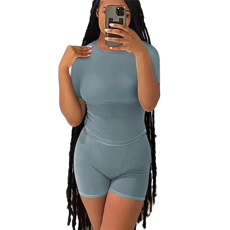 Casual Workout Two Piece Set for Women Fitted Crew Neck T-Shirt with High Waist Pants Matching Streetwear Outfit